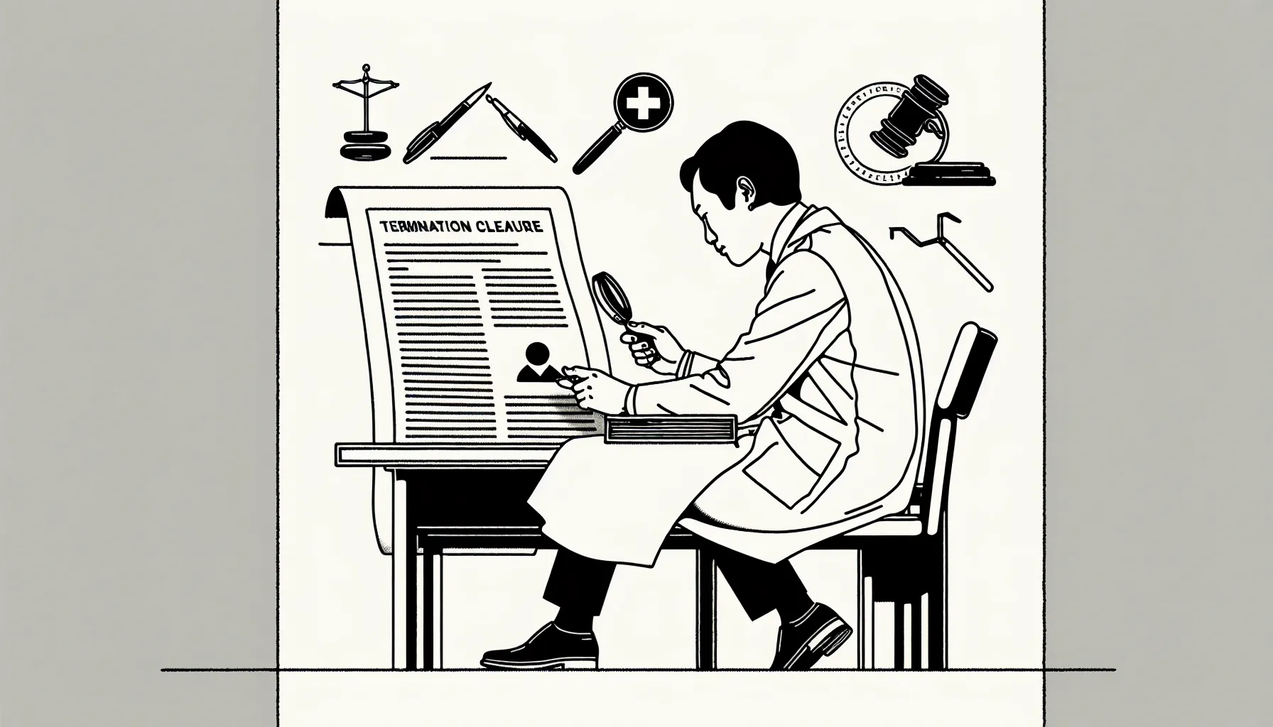 Veterinarian reviewing a termination clause with magnifying glass and icons.