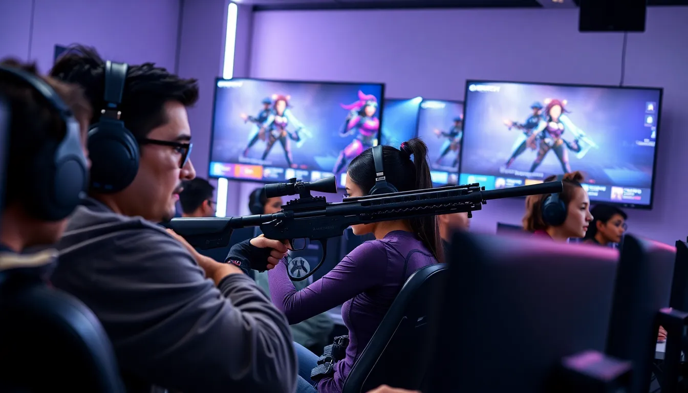 gamer cosplaying Widowmaker in a modern gaming setup.