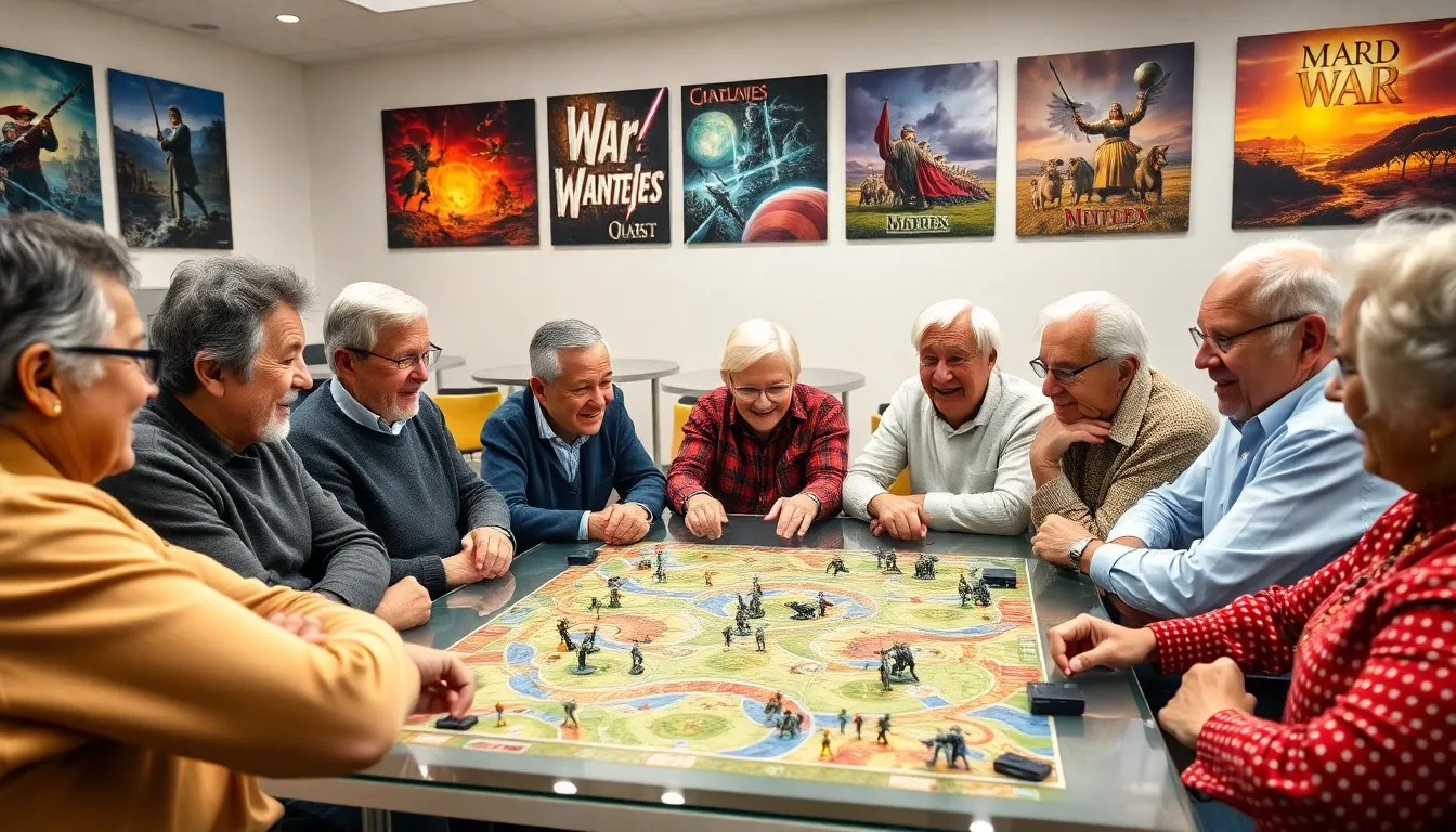 seniors playing a strategy board game in a community center.
