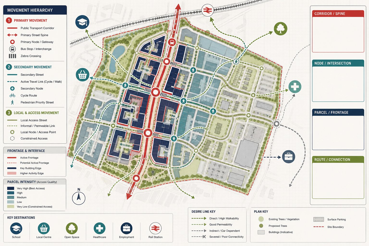 Infographic showing transport links shaping density, land use, and site layout.