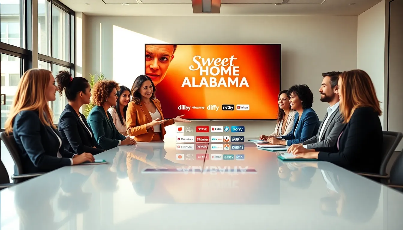 diverse professionals discussing streaming options for Sweet Home Alabama