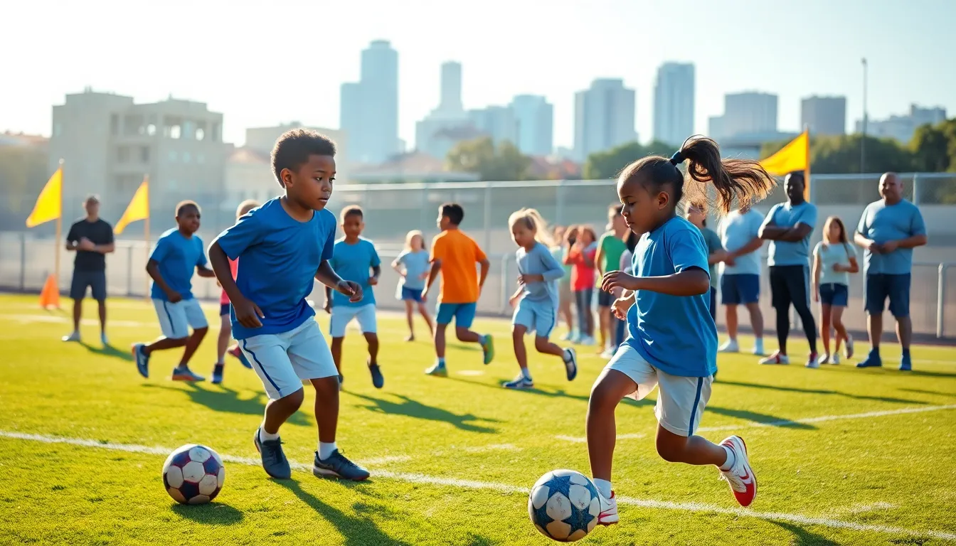 Children practicing football on a sunny field with parents cheering.