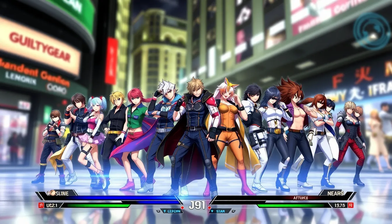 diverse lineup of characters from the Guilty Gear series in dynamic poses.