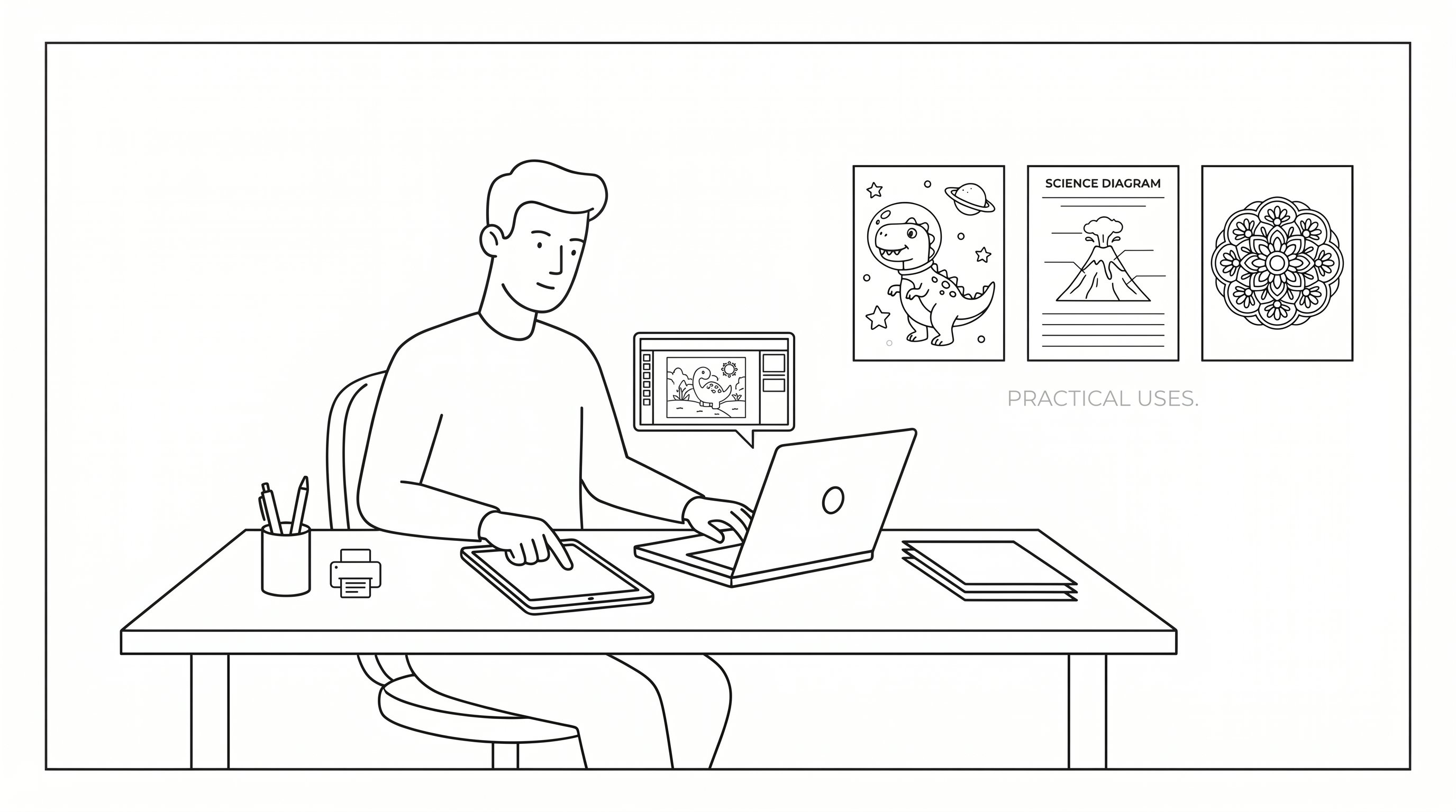 Person creating custom coloring pages for kids, classrooms, and mindfulness use.