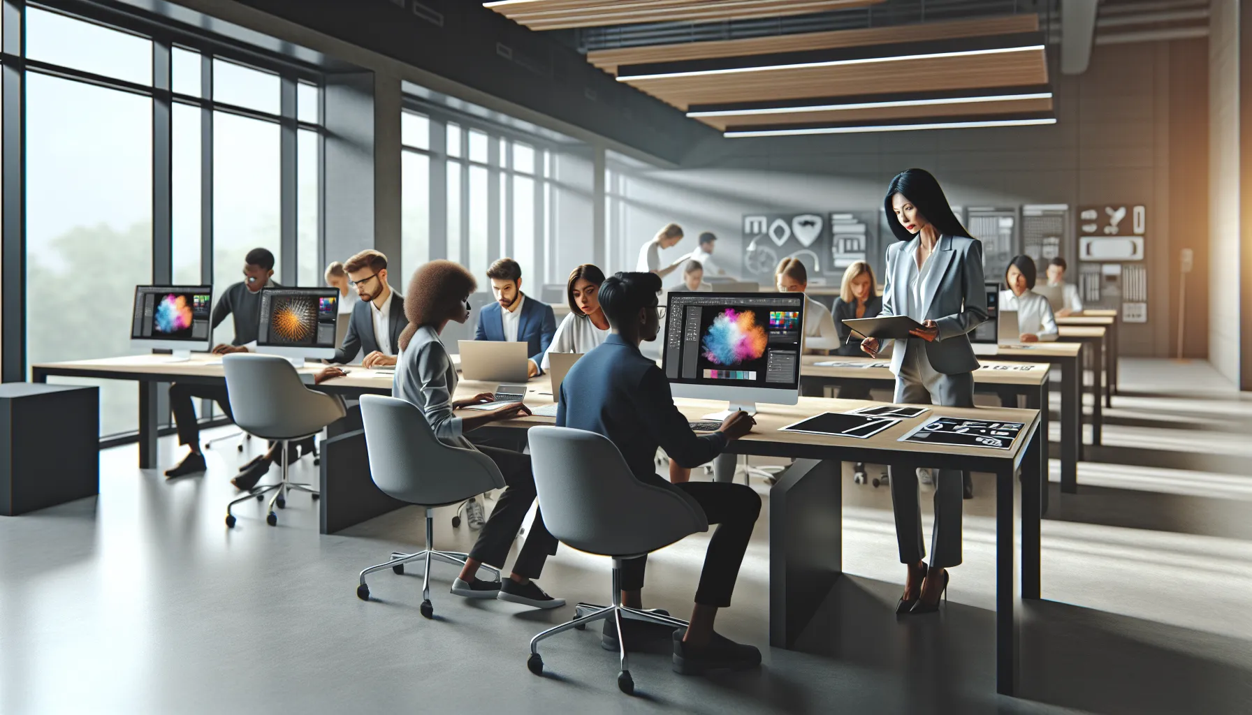 diverse group learning Photoshop in a modern classroom setting.