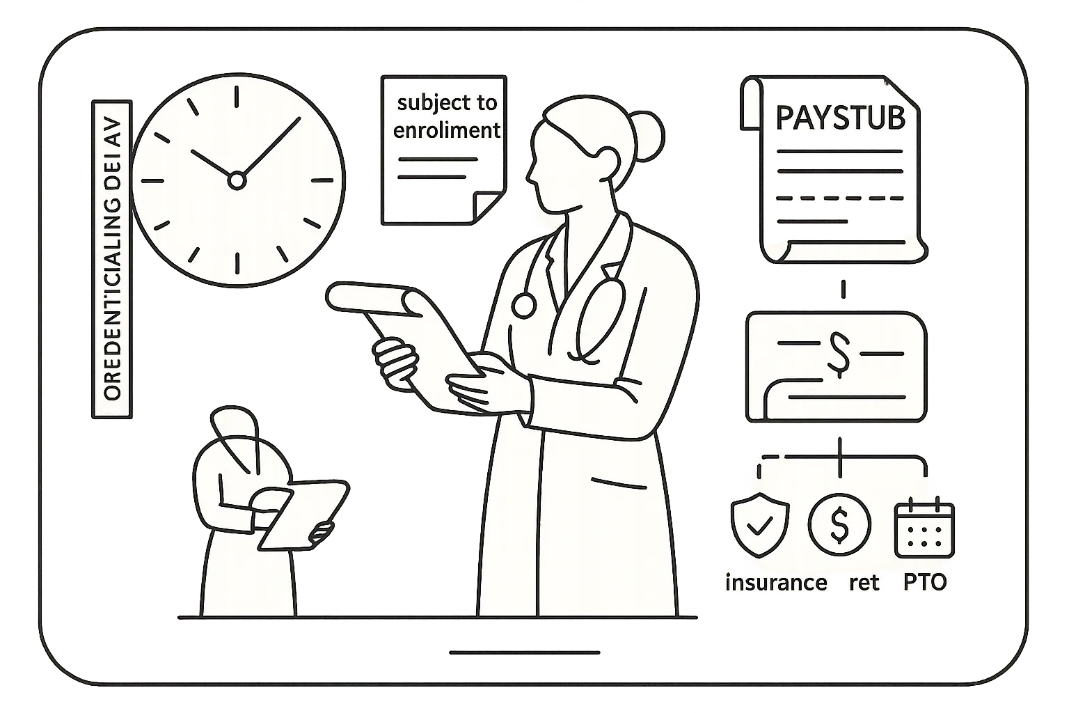 Nurse practitioner with clock, contract, and a paystub showing a gap.