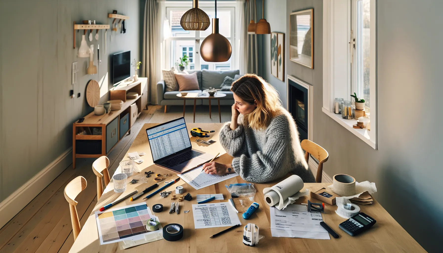 Slik kan du spare penger på boligoppussing med diy-prosjekter 2 Norwegian homeowner planning diy renovation budget and timeline at a dining table.