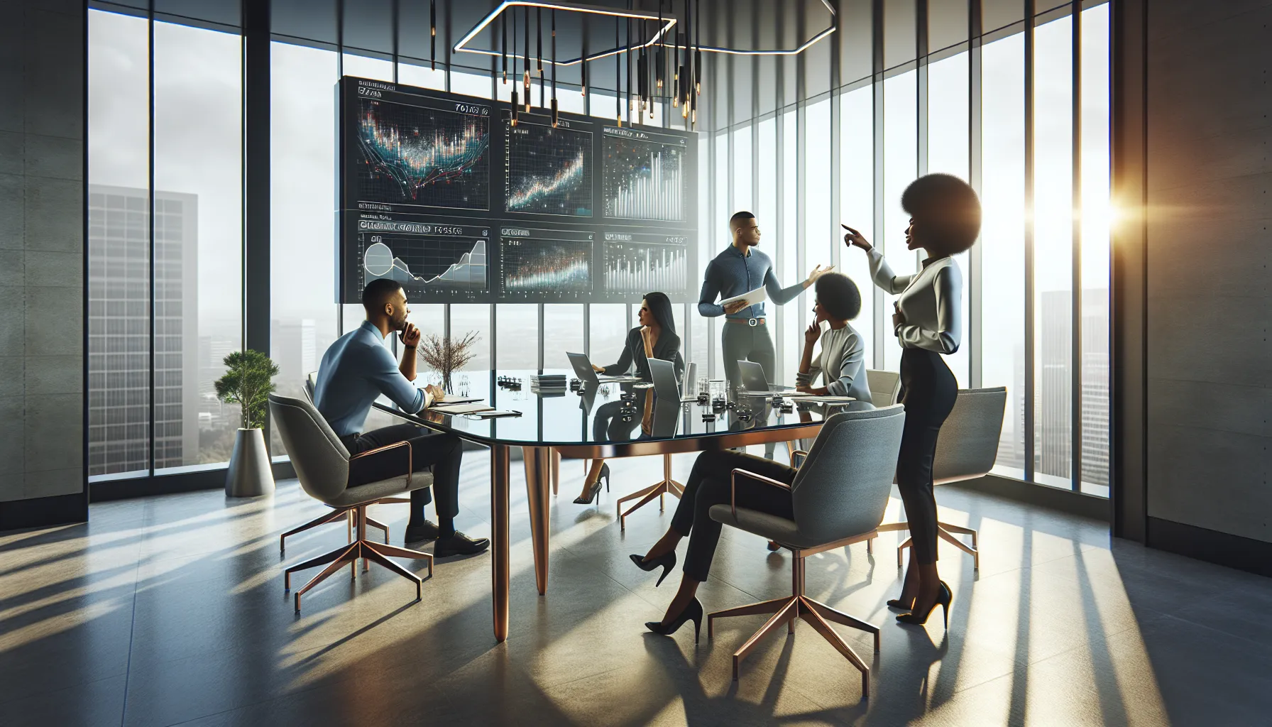 diverse team discussing ideas in a modern office setting.