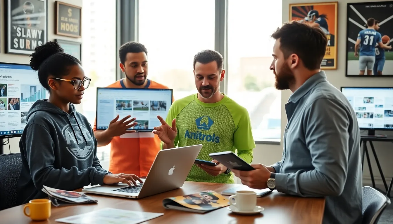 a diverse group discussing sports analytics in a modern digital workspace.