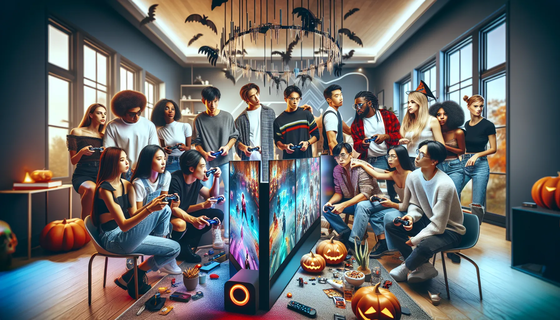 a diverse group of friends gaming together in a modern setting.
