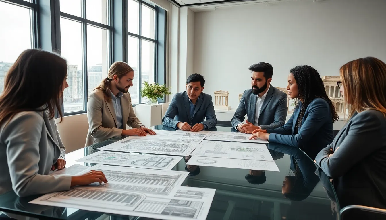 diverse architects discussing Ottonian architectural elements in a modern office.
