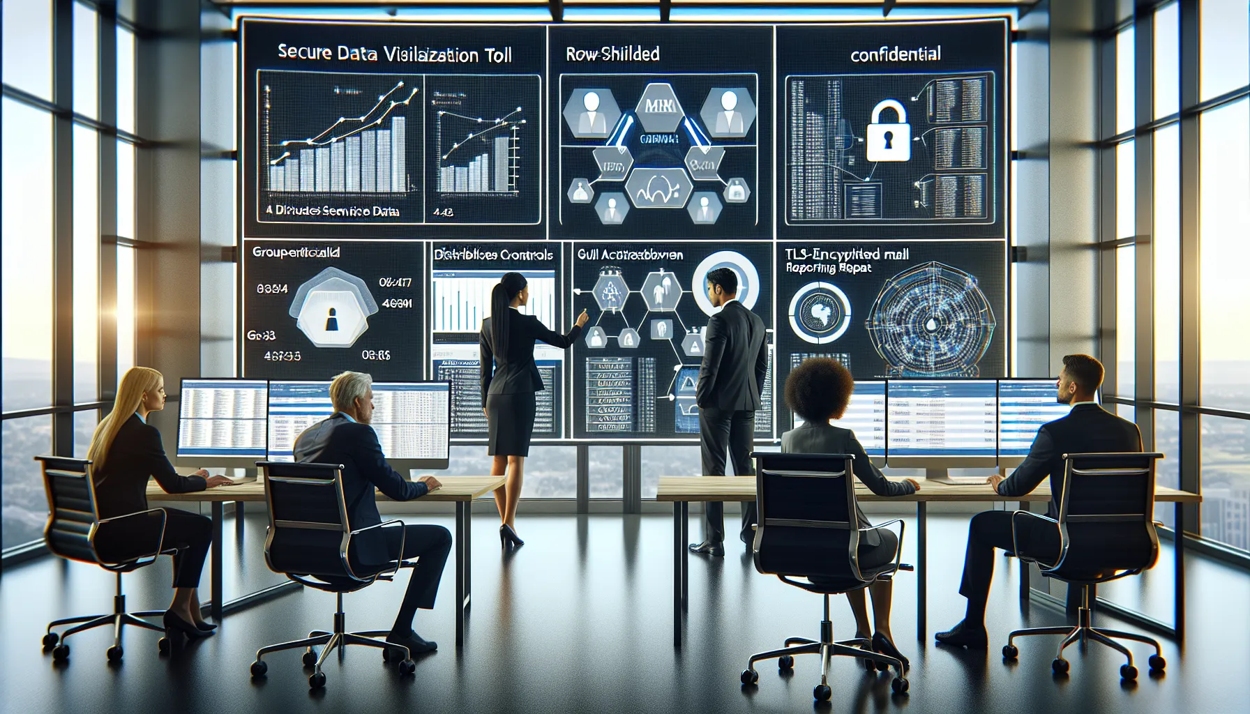 Security team reviewing compliant, secure Tableau email reports in a modern office.