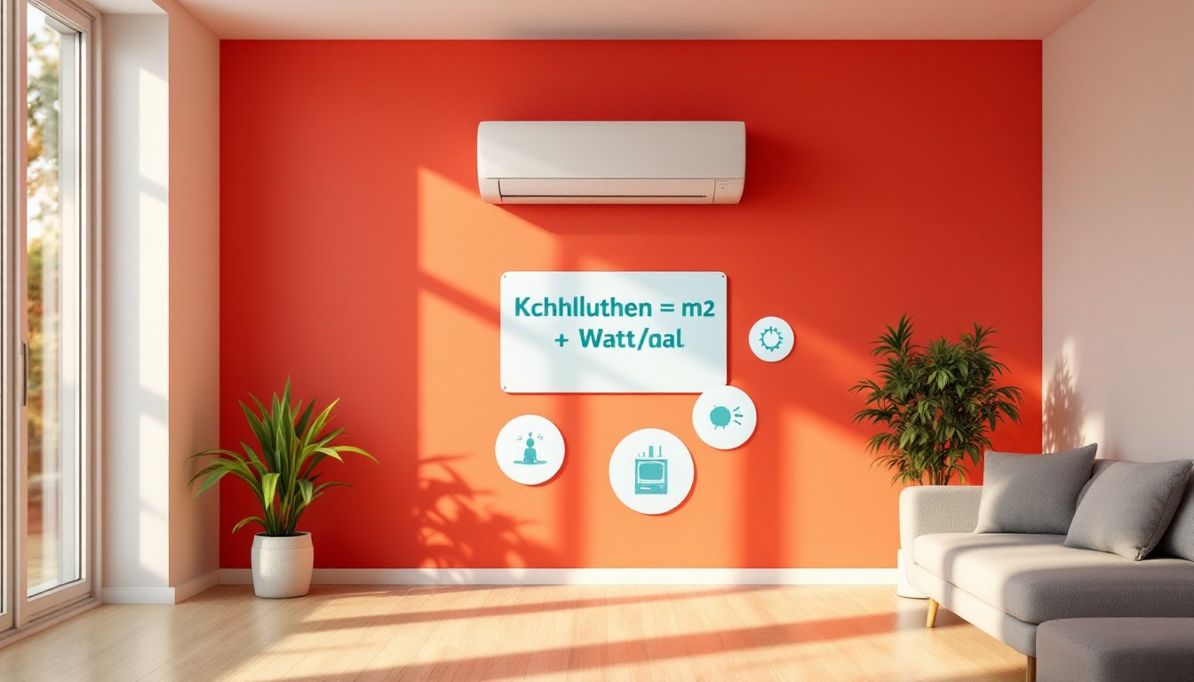 A modern German living room with a wall-mounted air conditioner and a BTU cooling formula card.