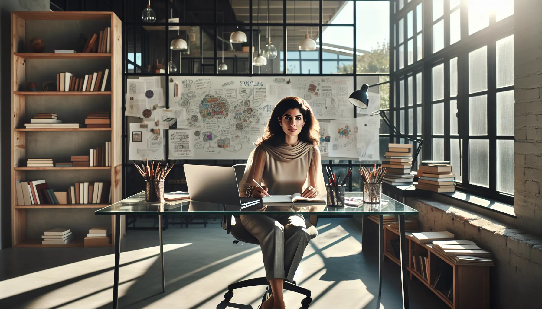 woman in a modern office working on creative writing and community projects.