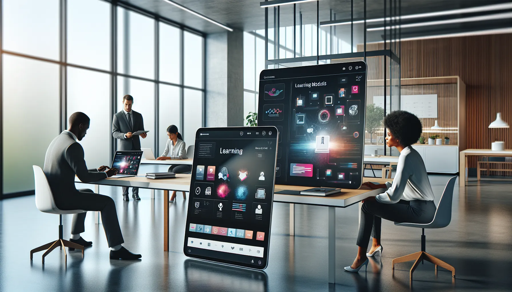 a diverse team collaborating on the user-friendly Bledain89 platform.