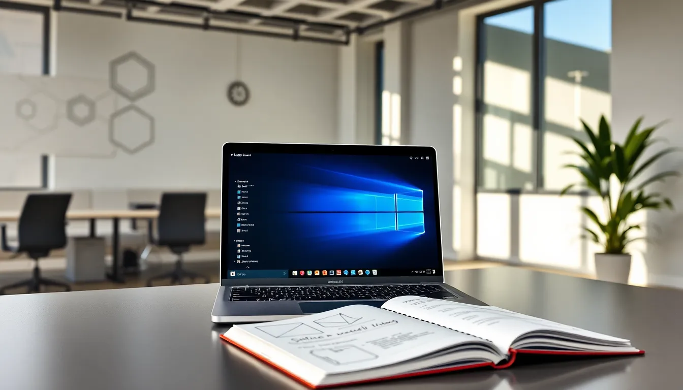 laptop displaying PlugboxLinux in a modern office setting.