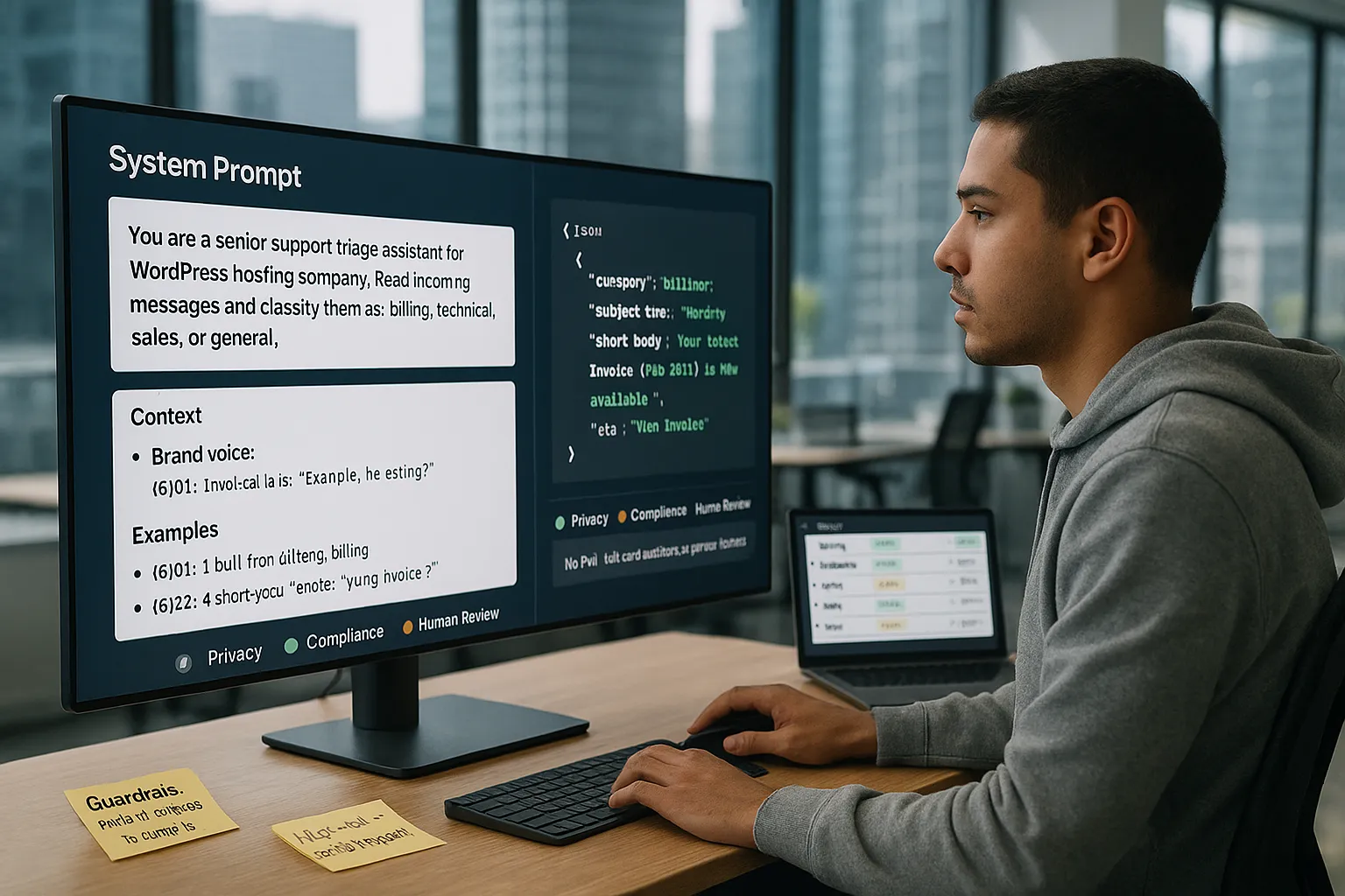 A professional builds structured OpenAI prompts and JSON workflows at a modern office desk.