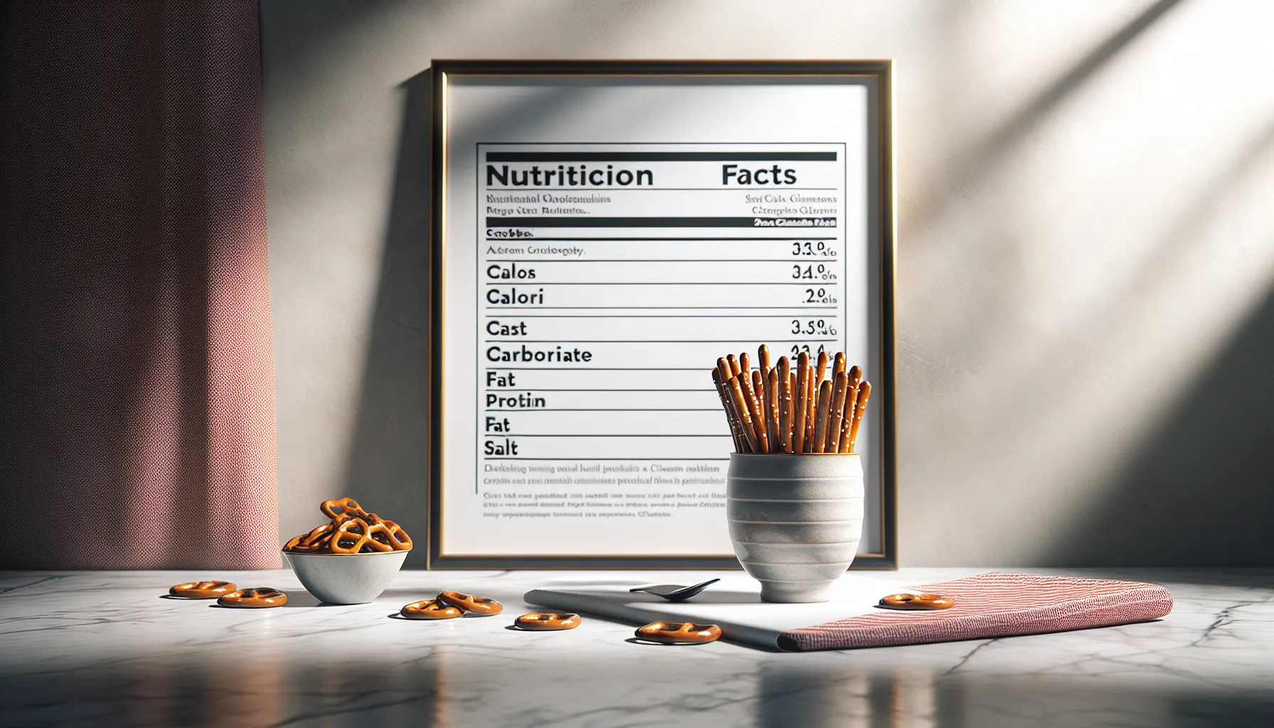 Bowl of salty pretzel sticks next to a printed nutrition table.