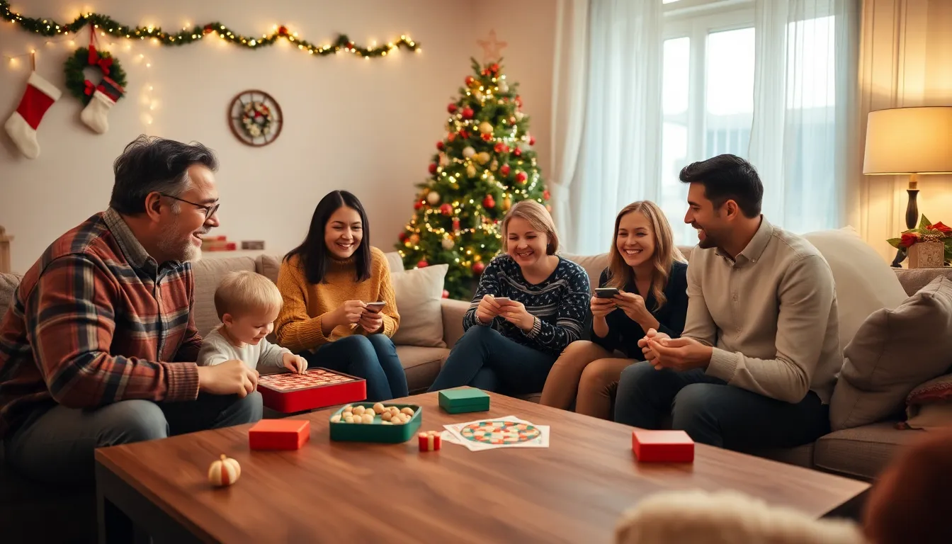 family playing games together in a warm Christmas living room.