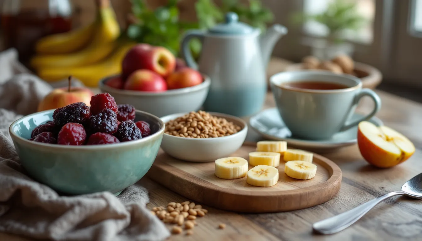 Bowl of stewed prunes with ginger and fiber-rich foods on a sunny kitchen counter.