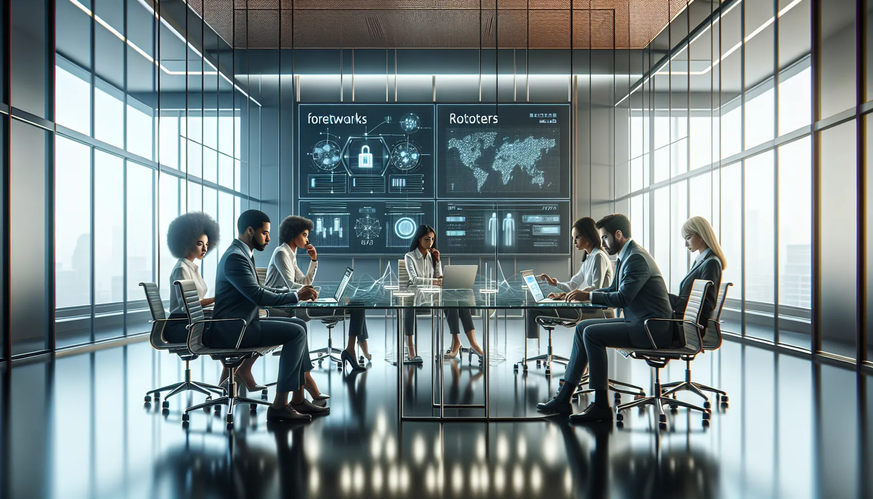 diverse team collaborating on networking solutions in a modern office.