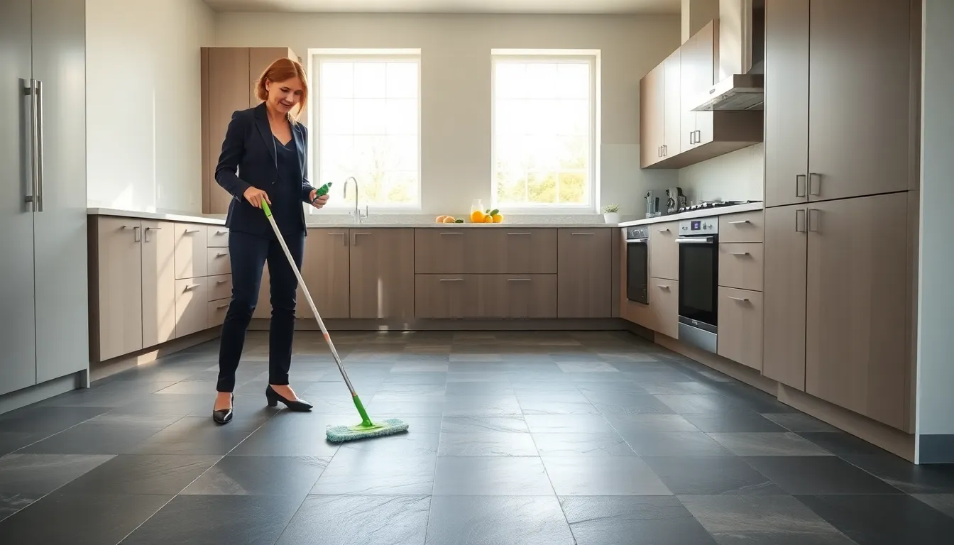 woman cleaning slate floor in a modern kitchen.