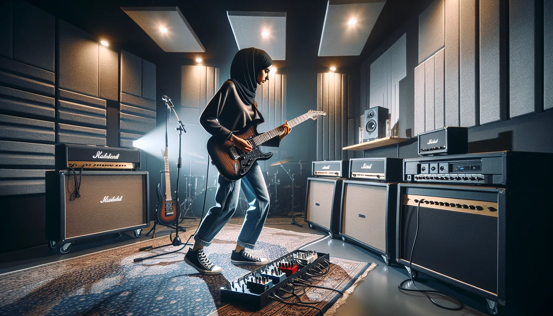 guitarist in a studio using Drop A tuning on an electric guitar.