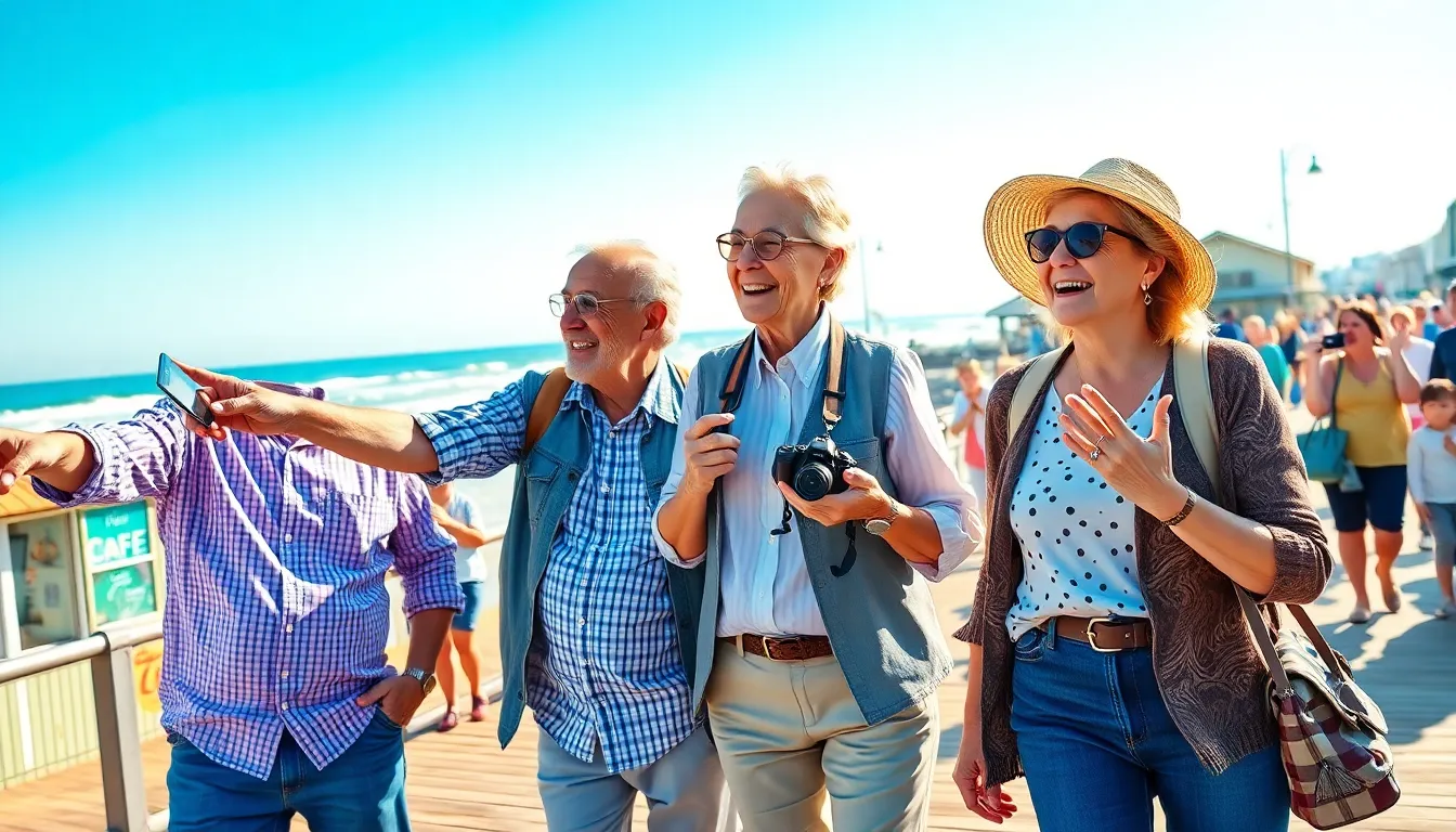 seniors exploring a coastal boardwalk on a weekend trip.