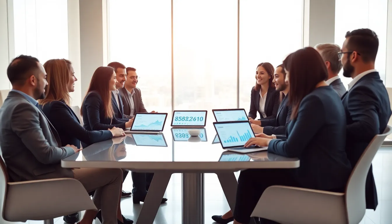 professionals discussing data analytics in a modern office.
