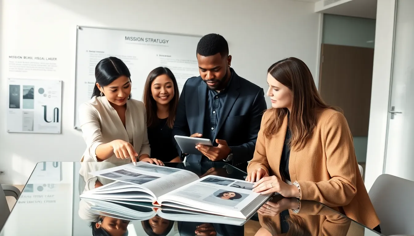 diverse team reviewing a brand book in a modern office.