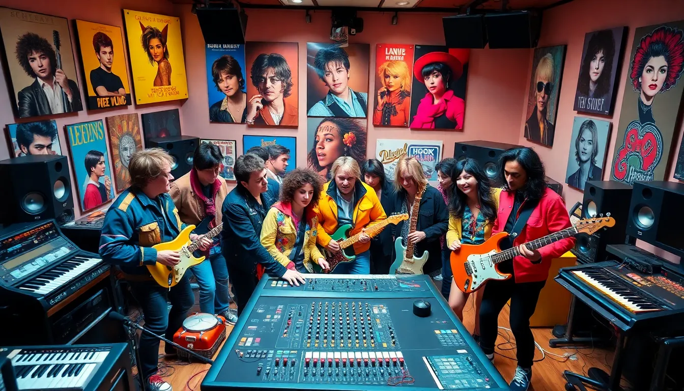 diverse musicians collaborating in a vibrant 1980s recording studio.