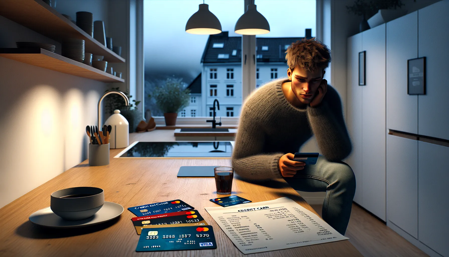 Concerned norwegian adult reviews multiple credit card bills and cards at kitchen table.
