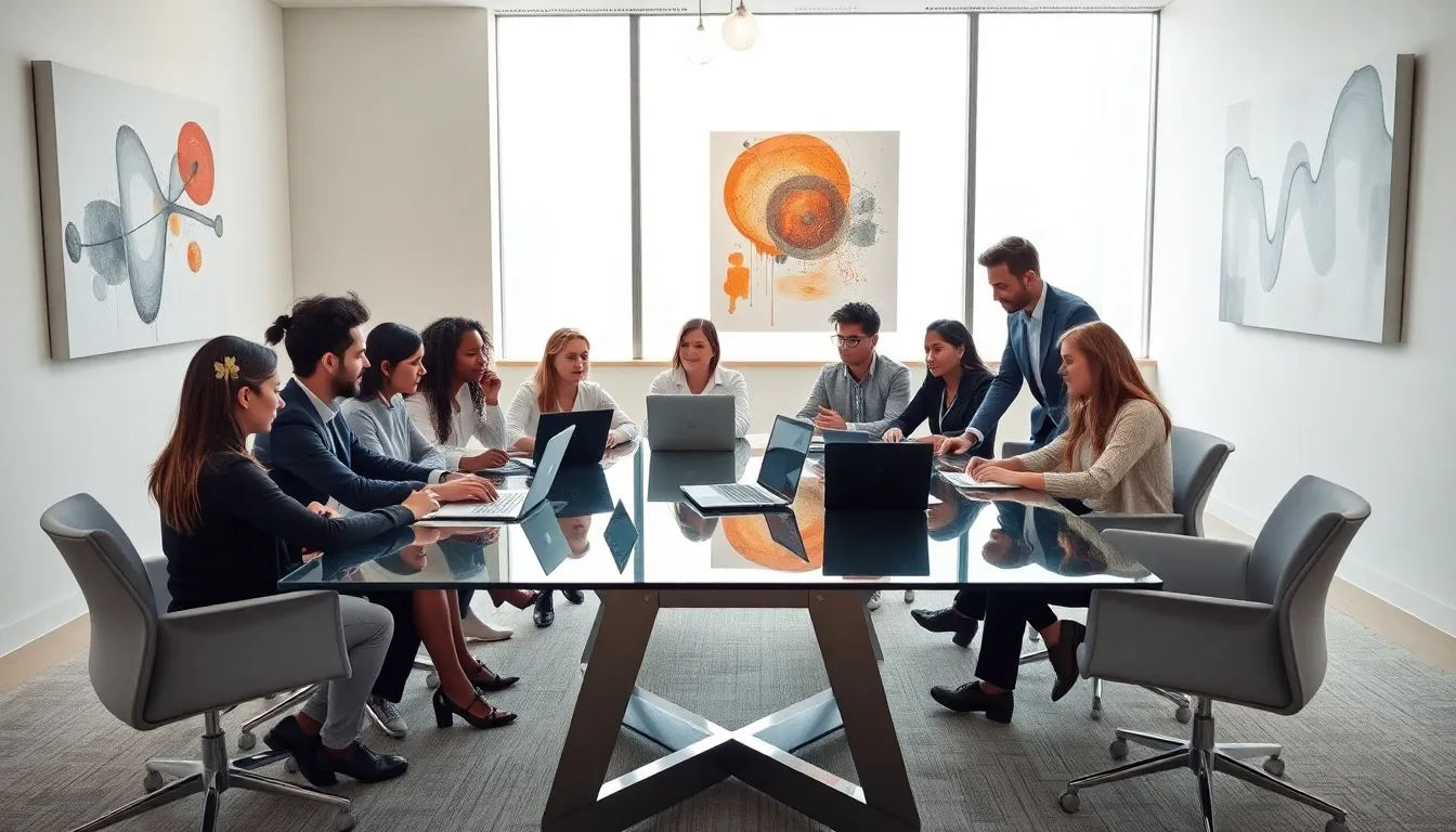 diverse team brainstorming in a modern office setting.