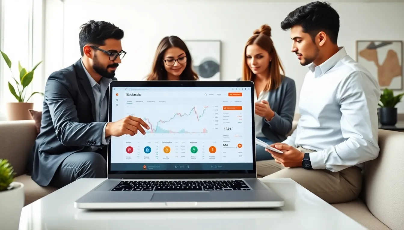Diverse team discussing cryptocurrency on a laptop in a modern office.