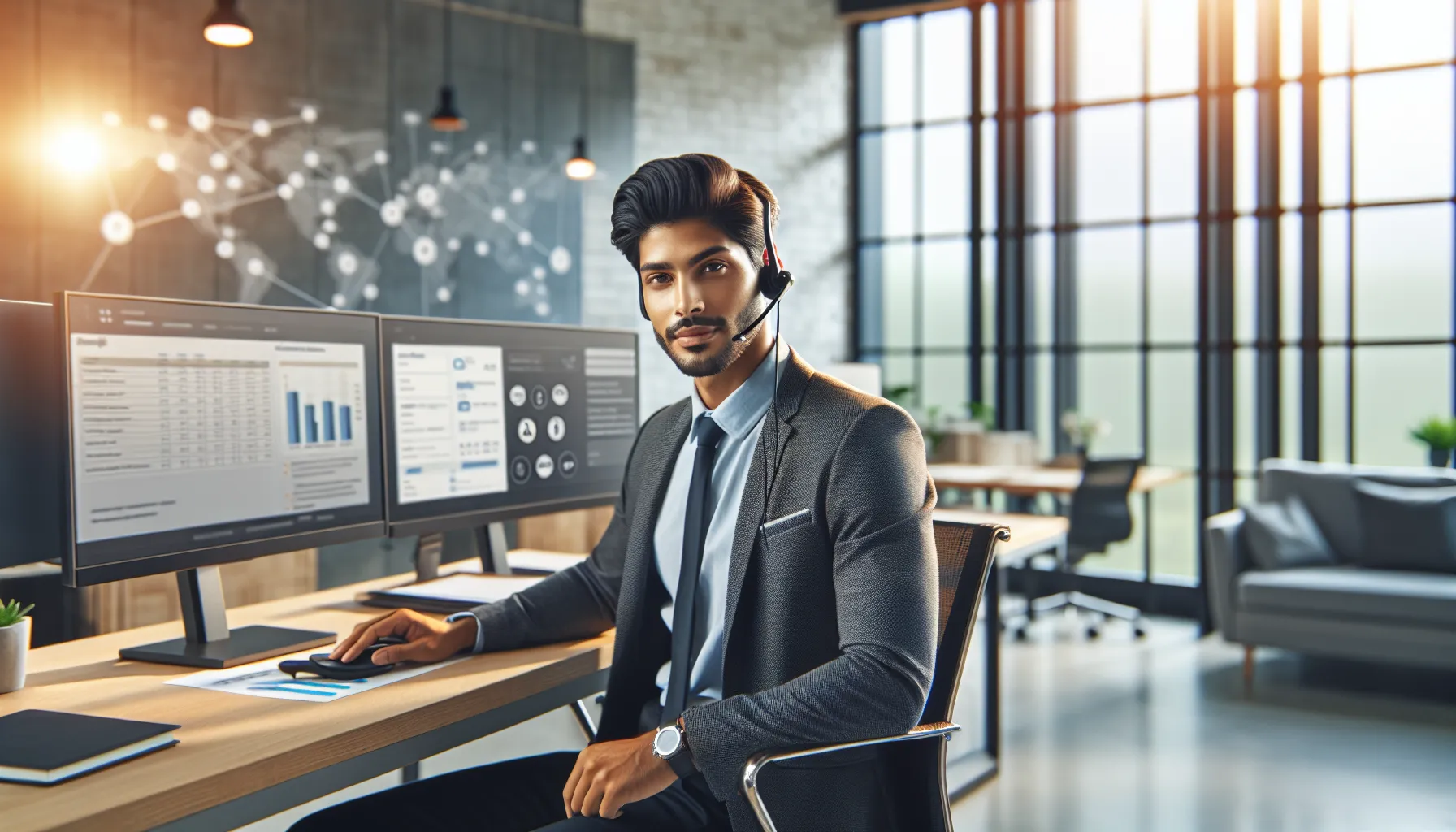 customer service representative on a phone in a modern office.