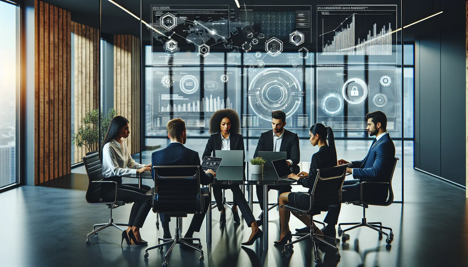 diverse professionals discussing data security in a modern office.