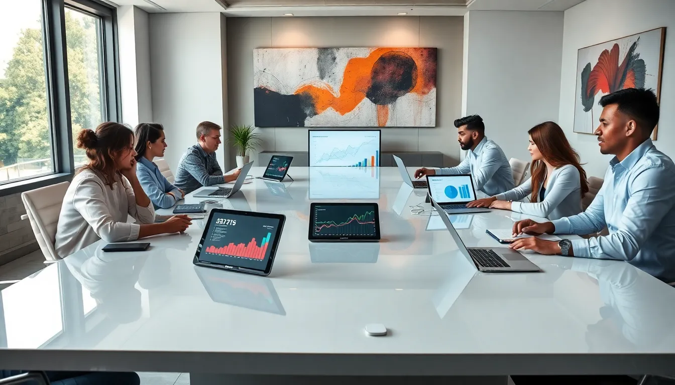 diverse professionals collaborating in a modern workspace.