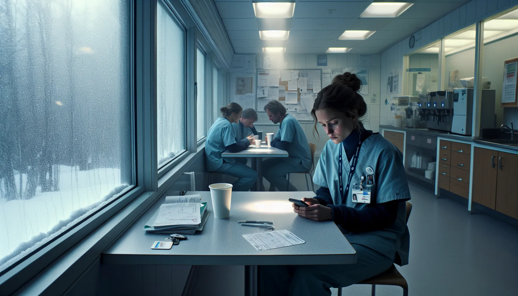 Young nurse sits isolated in a norwegian hospital break room, ignored by colleagues.