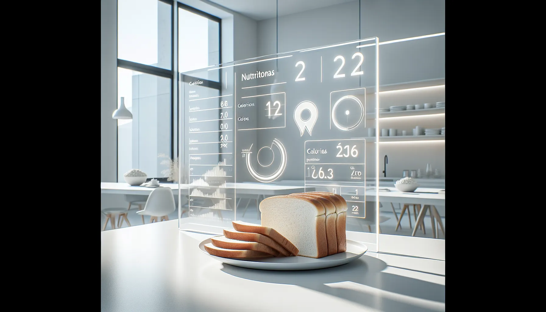 Slices of white bread beside a digital nutrition chart in a bright kitchen.