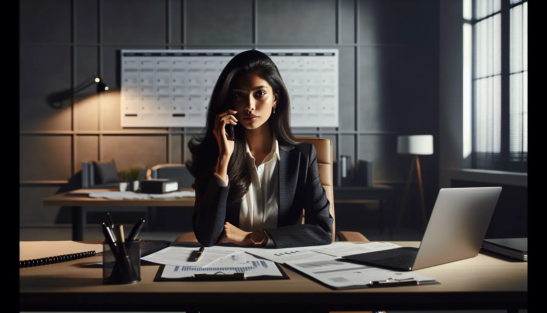 Business professional alert during a phone call, aware of potential scams.