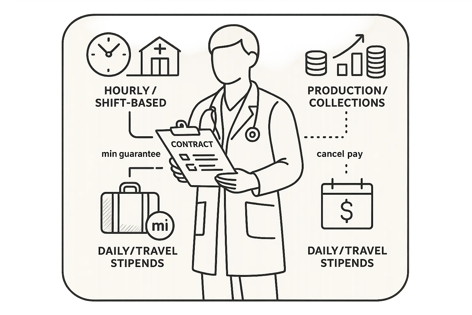 Line art of a relief veterinarian with icons for hourly, production, and travel pay.