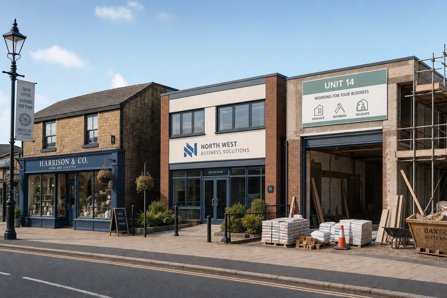 Different types of commercial properties including a shop, office, and renovation project on a professional street.
