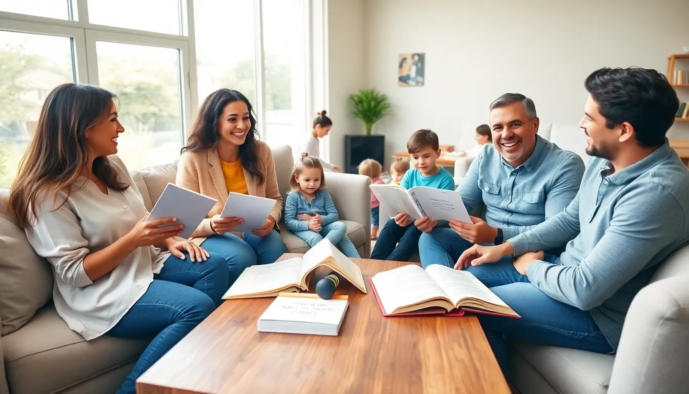 diverse parents discussing quotes about parenting in a cozy living room.