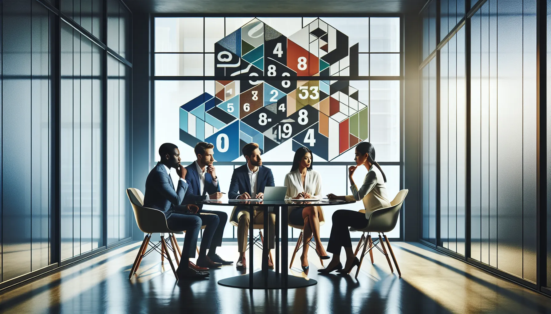 diverse professionals discussing numerical sequences in a modern office.