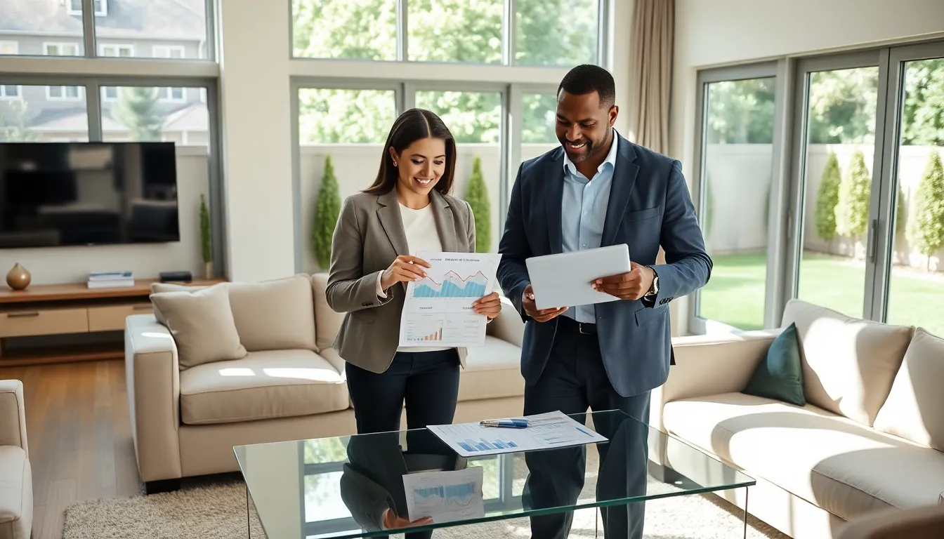 couple analyzing home equity documents in a modern living room.