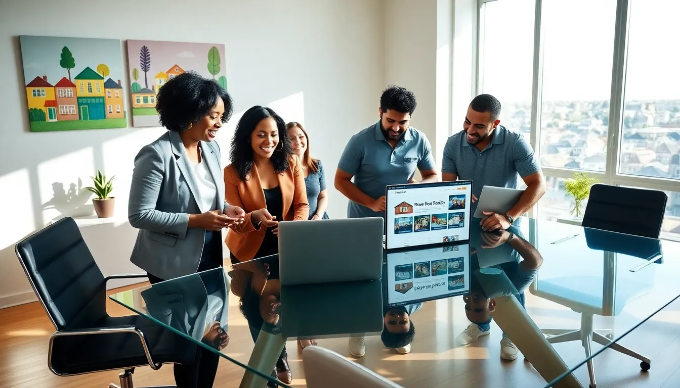 real estate agents collaborating in a modern office setting.
