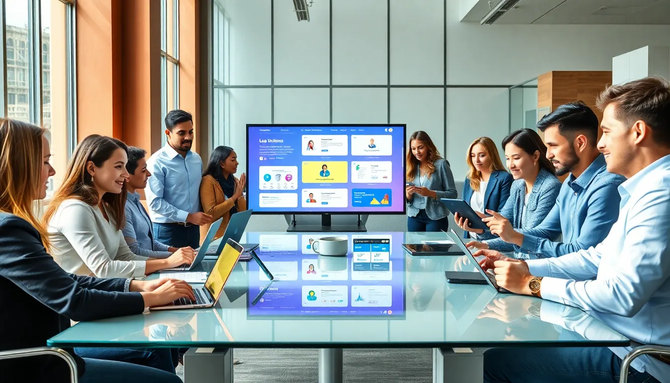 professionals collaborating on low code no code platforms in an office.