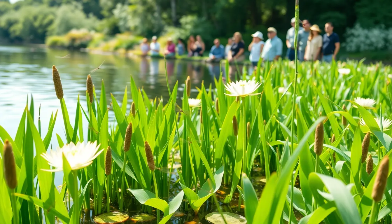 variety of aquatic plants in a serene lake environment.
