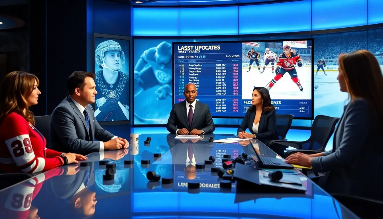 professionals discussing hockey updates in a modern newsroom.