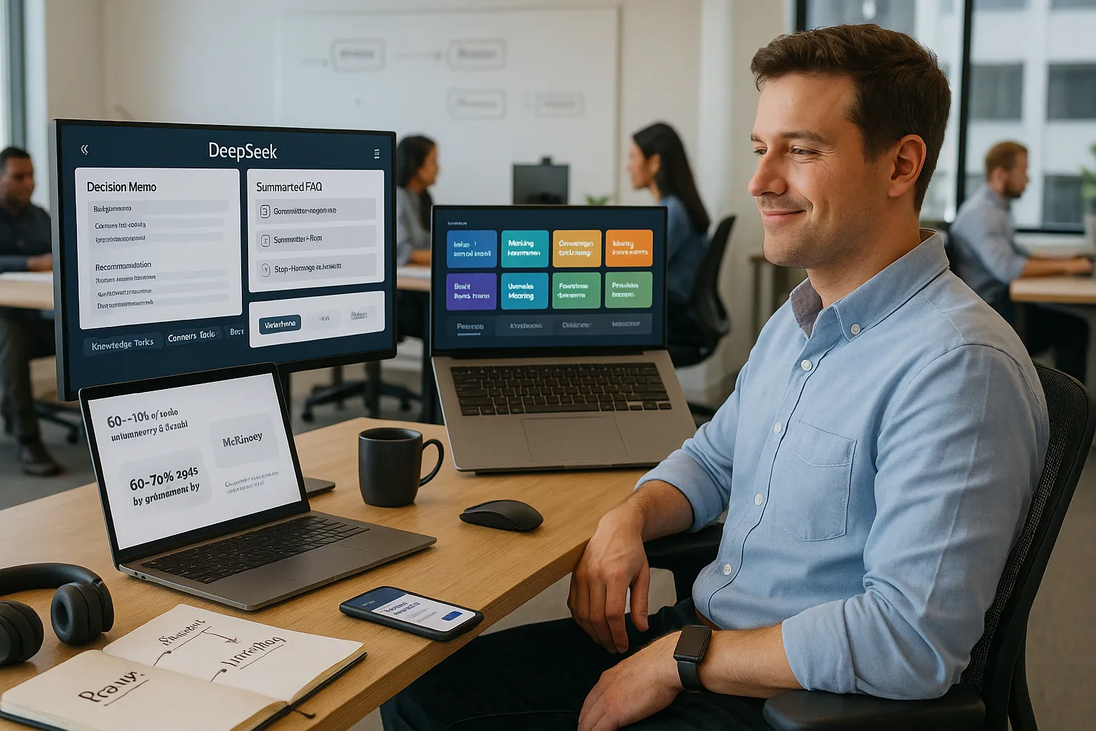 Office worker using DeepSeek on dual monitors to automate daily workflow tasks.